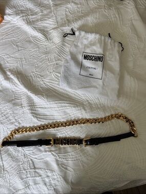 Moschino Black Leather Belt with Gold Chain and Logo